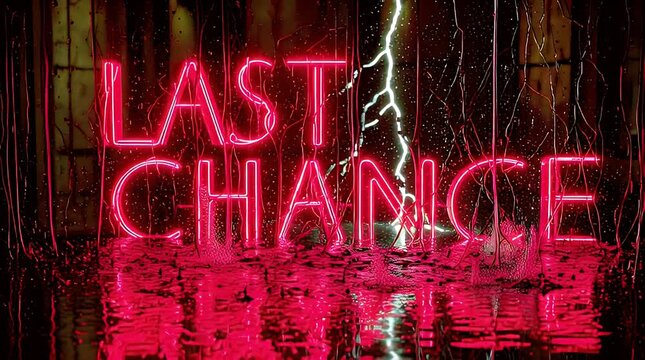 Intense red neon 'LAST CHANCE' sign reflects on a wet surface, illuminated by a vivid lightning strike in a dark, foreboding cityscape, evoking a sense of urgency and suspense