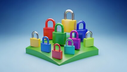 Colorful Padlocks on Green Platform - Security and Protection Concept.