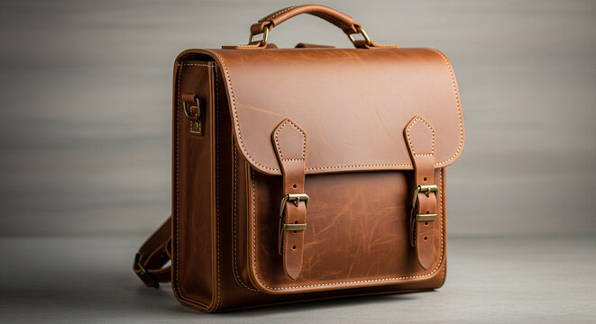 Stunning vintage brown leather satchel bag with brass buckles sits ready for professional use