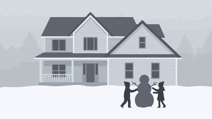Kids building a snowman in front of a modern house on a snowy winter day