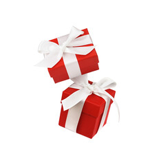 Two Red gift boxes with ribbon bows isolated on white or transparent background. Levitation.