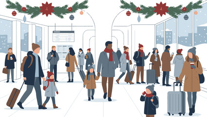 Winter holiday travel scene with diverse passengers at a busy transport hub