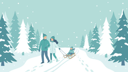 Family walking in winter forest with child on sled, snowy landscape illustration