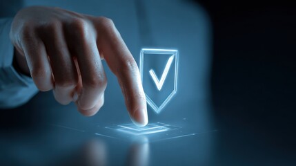Finger touching glowing digital shield with checkmark. Concept of cybersecurity, data protection, online privacy, and system verification.