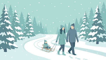 Family enjoying winter walk in a snowy forest with child on sled