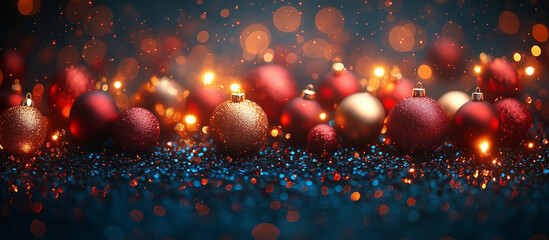 Christmas golden and red decoration, ornaments on glitter bokeh background. Merry Christmas and Happy Holidays greeting card, frame, banner. New Year. Noel. Winter festive xmas theme.