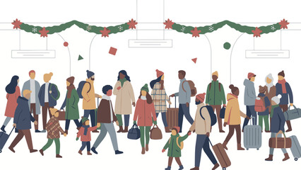 Diverse group traveling with luggage during winter holidays, flat illustration