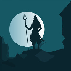 Lord Shiva silhouette vector illustration, standing on a rocky terrain in front of a full moon.