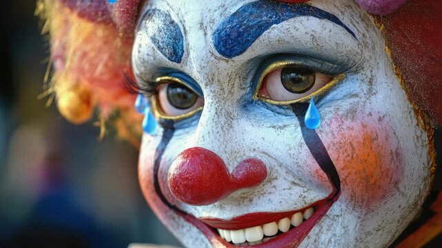 Video A close-up of a clown's face with exaggerated features and bright colors, suitable for use in children's s or party themes