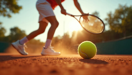 Tennis player lunges to hit yellow ball on clay court. Athlete swings racket low, dust flies up. Dynamic action shot capturing game moment at sunset.