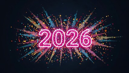 Bright neon 2026 text with explosive colorful fireworks display against dark background