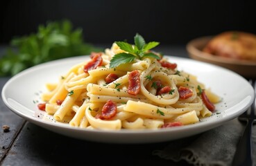 Creamy pasta dish with crispy bacon, fresh parsley, mint leaf garnish. Hot Italian meal served on white plate. Traditional cuisine looks tasty, ready for lunch dinner. Perfect savory comfort food.