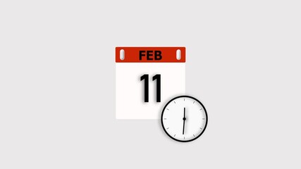 February 11 date calendar and clock icon animation, on white background. Stunning 4k video.