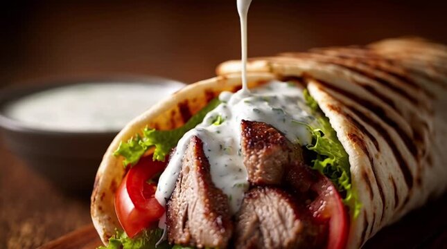Close-up of a juicy doner kebab being drizzled with tzatziki sauce on a rustic wooden table with a bowl of sauce in the background.