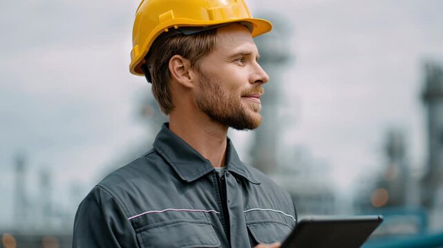 refinery engineer with tablet inspection hardhat and grey jacket holding digital tablet while surveying blurred industrial plant background focused expression