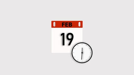 February 19 date calendar and clock icon animation, on white background. Stunning 4k video.