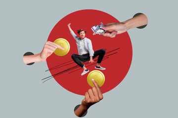 Collage showing person surrounded by dollar coins hands giving or taking money symbolizing service income
