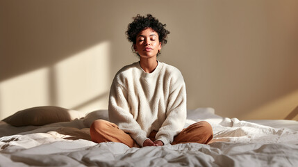 Woman meditating on bed in cozy bedroom with natural sunlight. Mental health wellness, mindfulness practice, inner peace and relaxation at home. Calm morning meditation, self-care routine concept.