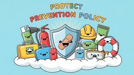 Cute Safety and Prevention Policy Cartoon Illustration with Smiling Objects.