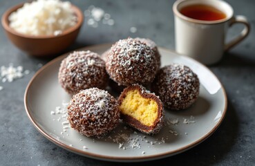 Australian Lamington cakes with chocolate glaze, white coconut flakes on plate. One dessert cut open, revealing soft yellow sponge inside. Cup of tea, bowl of shredded coconut complete sweet snack