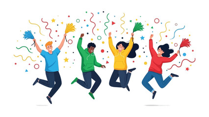 Celebration of Happiness: A vibrant group of people celebrate joyfully, leaping into the air with radiant smiles amidst a shower of confetti and streamers. A picture of pure euphoria!