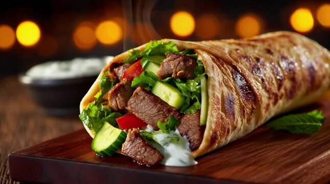 Close-up of a juicy doner kebab wrapped in pita bread on a wooden board with fresh vegetables and tzatziki sauce.