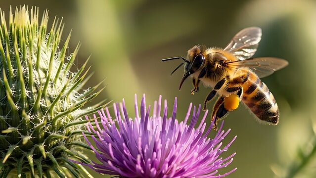 Golden Honey Bee with Pollen Sacs Hovers Over Vibrant Purple Thistle Bloom.