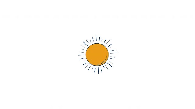 Bright yellow sun with radiating rays 2D object doodle animation. Sunshine light. Summer warmth. Sunny day. Solar energy animated flat element isolated on white background. Cartoon 4K video drawing