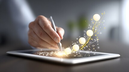 Hand with stylus interacting with a digital tablet, showing glowing spheres symbolizing growth, success, and data visualization