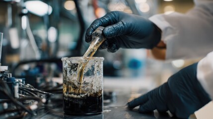 Close medium shot of a technician mixing acoustic dampening resin blends for automotive interior panels in a modern industrial lab setting.