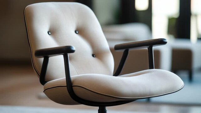 Video A single white chair with a black frame sitting on a wooden floor