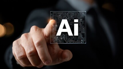 Human Hand Interacting with Virtual AI Interface, Representing Artificial Intelligence, Machine Learning, and Digital Technology Innovation.