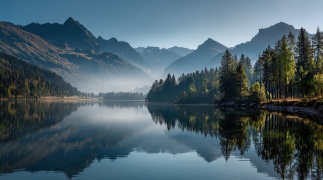 Tranquil mountain lake reflection with dense forest shoreline and hazy peaks