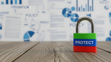Data Protection Padlock on Wooden Surface with Business Charts Background.