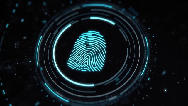 Blue fingerprint security model zero trust digital identity scan glowing biometric sensor circle digital fingerprint surround by circular interface
