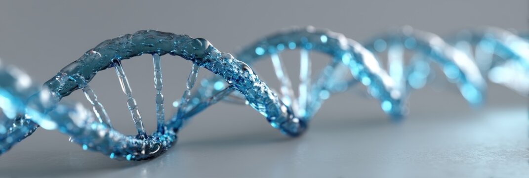 Abstract DNA double helix structure composed of flowing blue liquid material