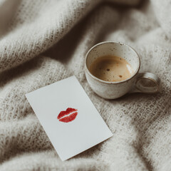 white mug and kiss card on cozy blanket