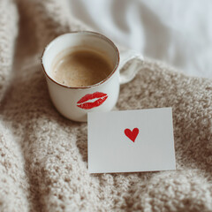 white mug with lipstick kiss and heart card on cozy blanket