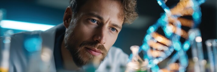 Male scientist examines glowing DNA double helix structure in modern laboratory