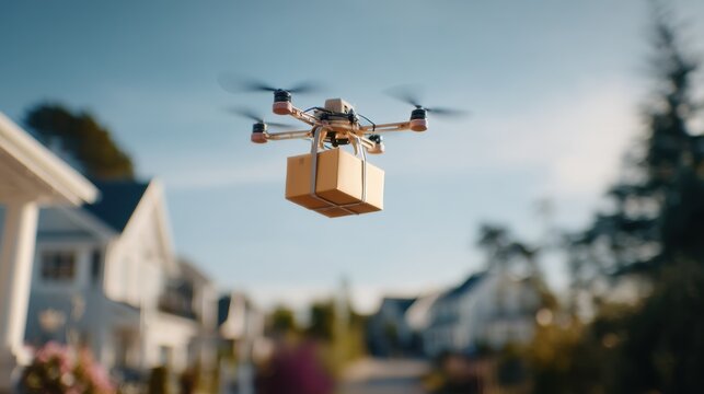 Quadcopter drone transporting small package above suburban residential street