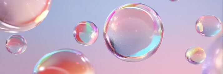 Iridescent soap bubbles floating against soft pastel gradient background