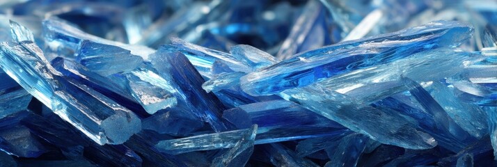 Sharp blue crystal shards and fragments in close up view