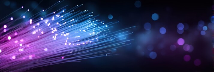 Abstract glowing fiber optic bundle with purple and blue light trails