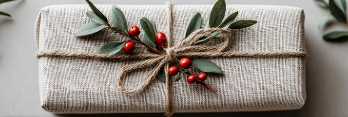 Wrapped christmas gift with greenery