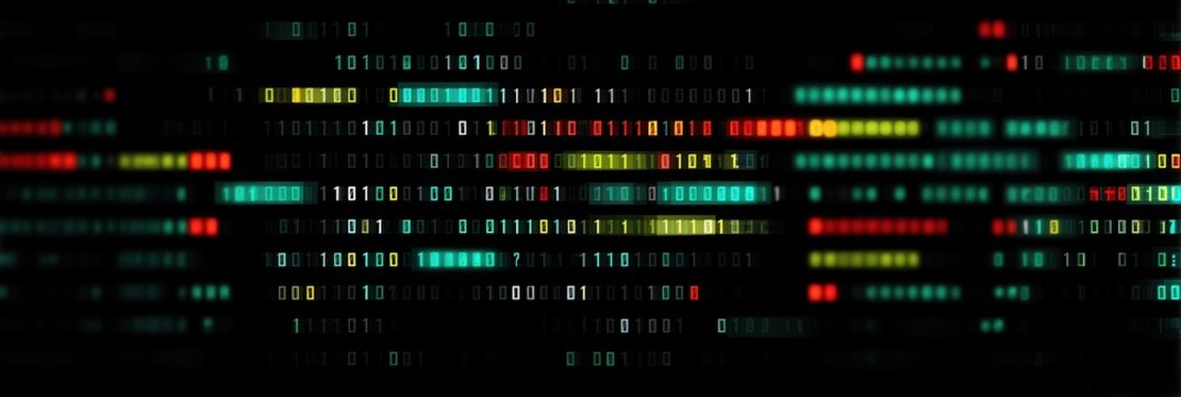 Digital binary code stream flowing across dark background