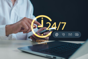 24-7 customer service concept with a person using a smartphone and laptop, featuring digital communication icons that represent nonstop support, online assistance, and reliable client interaction.