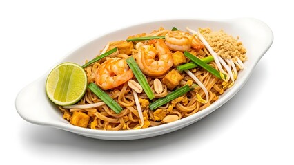 Delicious Pad Thai with Shrimp and Lime in White Bowl.