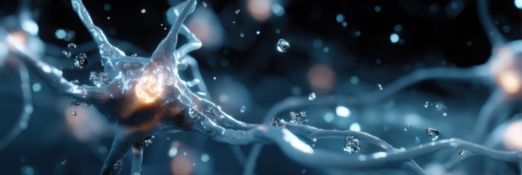 Abstract microscopic view of neuron cell body and dendrites with glowing energy