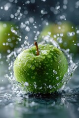Vibrant green fruit splashing into clear water with dynamic droplets