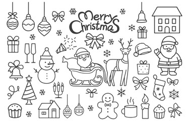 Christmas Doodle Icon Set | Hand Drawn Black and White Merry Christmas Holiday Symbols, Santa, Reindeer & Festive Elements Vector